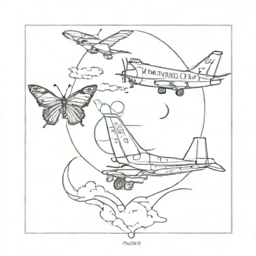 moon, aeroplane,butterfly tattoo design idea