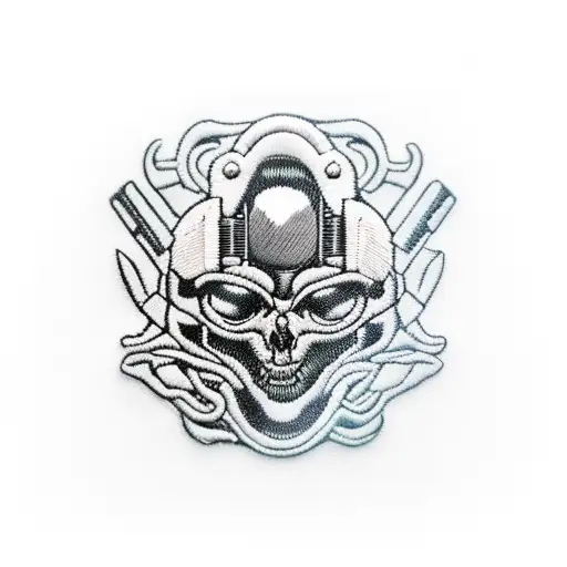 An alíen mounted on a UFO with a ray gun, let the tattoo look like an embroidered patch tattoo design idea