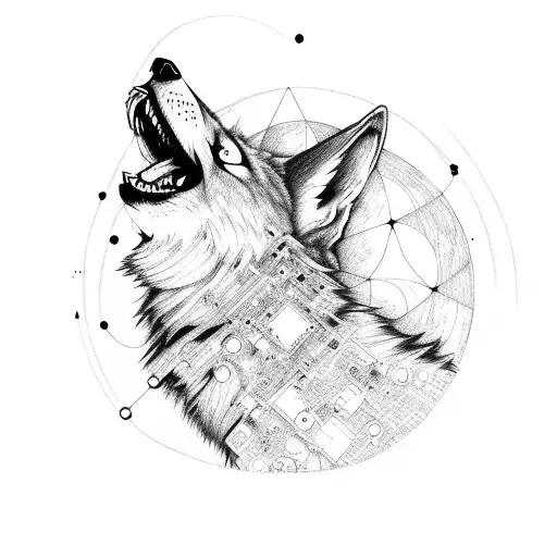 A gothic wolf howling at the moon surrounded by intricate computer circuitry tattoo design idea