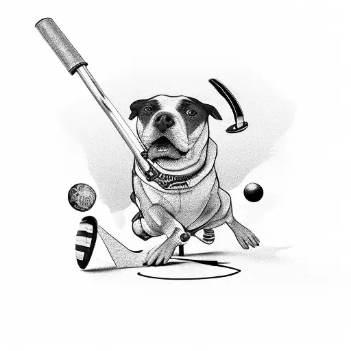 A creative composition featuring a scooter jumping over billiard balls, with a pitbull watching from a bar stool tattoo design idea