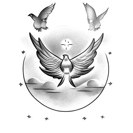 A celestial-themed tattoo with three doves flying towards a shining star, with the phrase 'Fly High Danielle' tattoo design idea