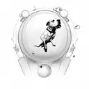 A creative composition featuring a scooter jumping over billiard balls, with a pitbull watching from a bar stool tattoo design idea