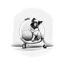 A creative composition featuring a scooter jumping over billiard balls, with a pitbull watching from a bar stool tattoo design idea