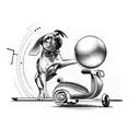 A creative composition featuring a scooter jumping over billiard balls, with a pitbull watching from a bar stool tattoo design idea