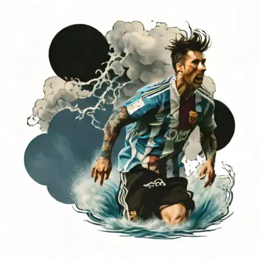 Lionel Messi surfing a wave with a storm in the background heading towards eternal glory represented in the sky tattoo design idea