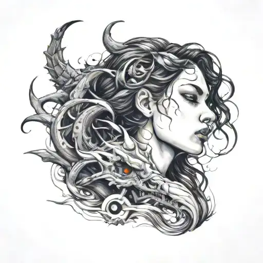 profile of girl laying on water, top half normal girl and bottom half demonic monster tattoo design idea