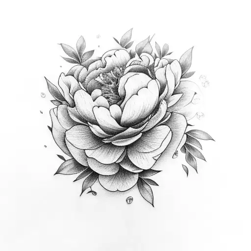 A black-grey tattoo of a majestic peony surrounded by swirling botanical elements tattoo design idea
