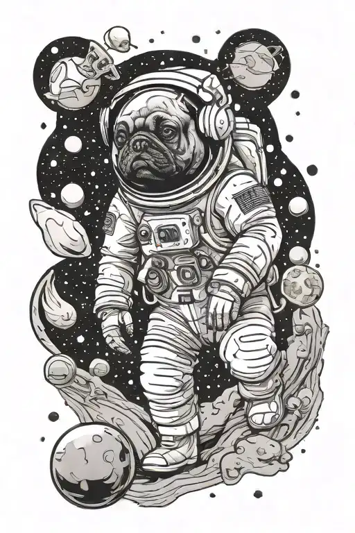 astronaut french bulldog and planet mars and space tattoo design idea