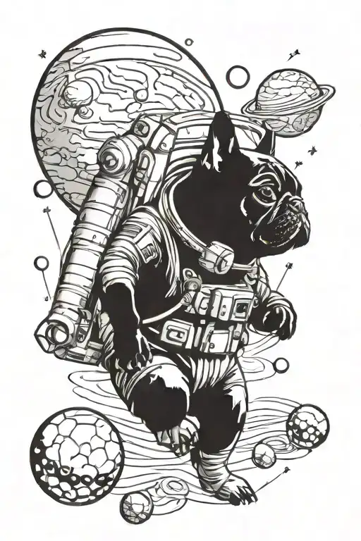 astronaut french bulldog and planet mars and space tattoo design idea