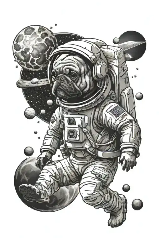 astronaut french bulldog and planet mars and space tattoo design idea