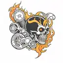 arm sleeve tattoo featuring Honda car logo, flames, V-Twin engine, eyeballs, skulls tattoo design idea