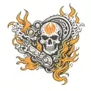 arm sleeve tattoo featuring Honda car logo, flames, V-Twin engine, eyeballs, skulls tattoo design idea