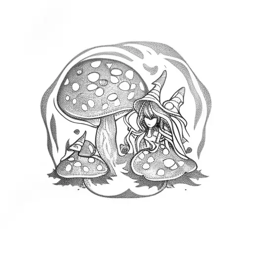 a witch fairy glowing mushrooms tattoo design idea