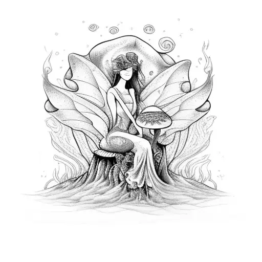 Create a mystical design featuring a fairy sitting on a mushroom surrounded by swirling smoke tattoo design idea