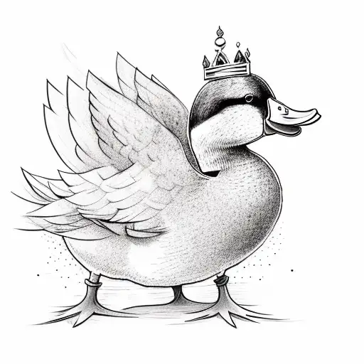 "A duck that is surfing while wearing a crown." tattoo design idea