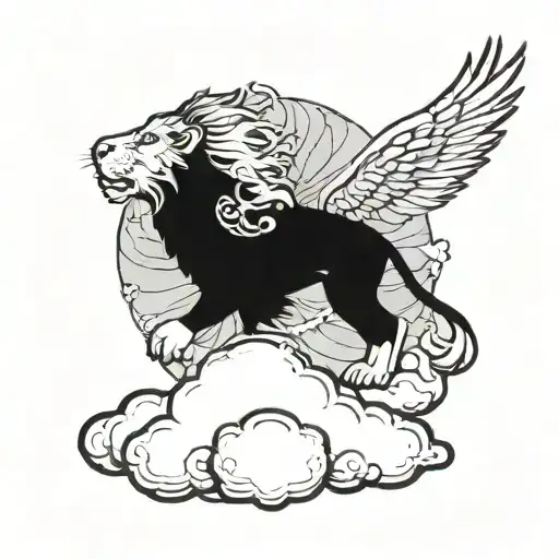 a lion riding a cloud with a dove in the background tattoo design idea