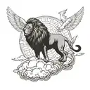 a lion riding a cloud with a dove in the background tattoo design idea