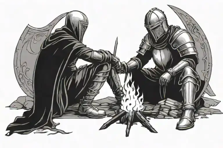 a medieval knight resting by a campfire tattoo design idea