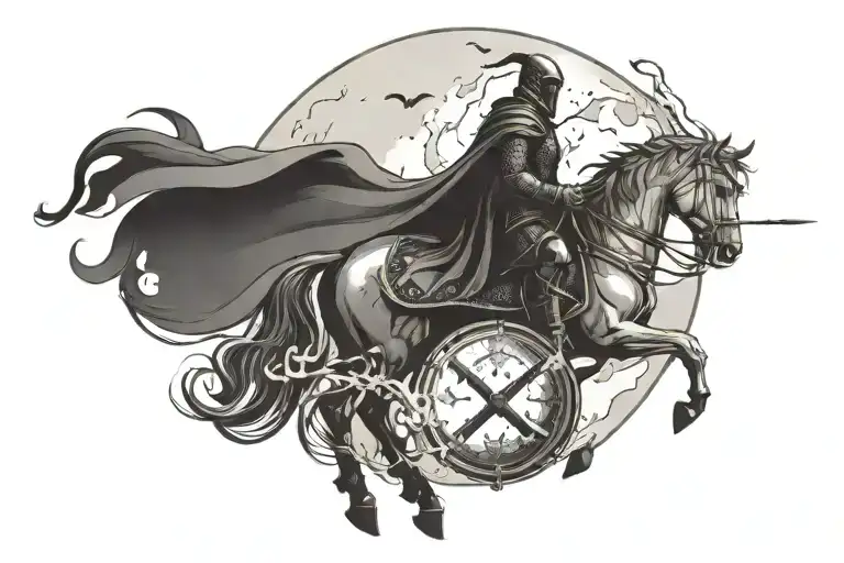 a medieval knight resting by a campfire, underneath a full moon tattoo design idea