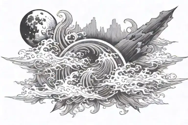coursing river, great typhoon, raging fire, dark side of the moon tattoo design idea