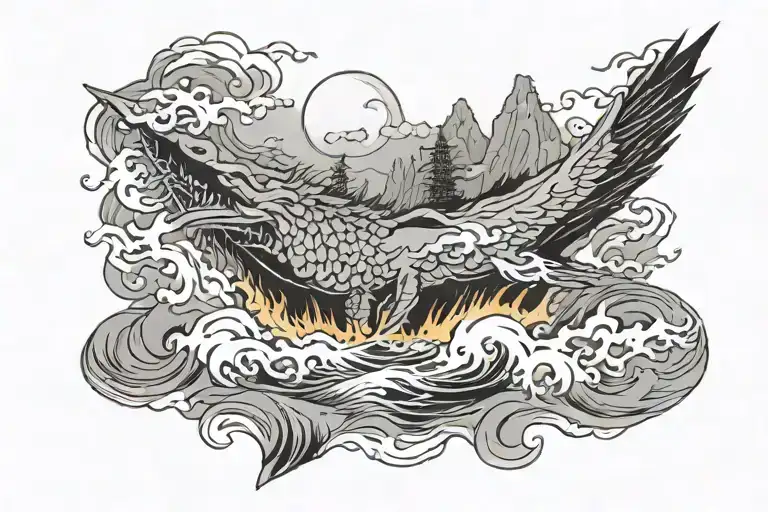 coursing river, great typhoon, raging fire, dark side of the moon tattoo design idea