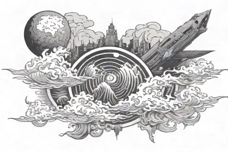 coursing river, great typhoon, raging fire, dark side of the moon tattoo design idea