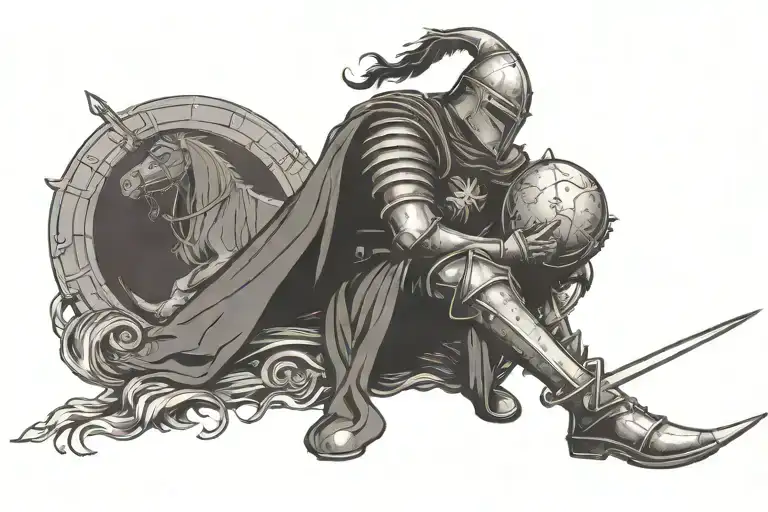 a medieval knight resting by a fire with a visible full moon tattoo design idea