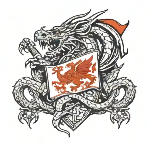 A new-school design of a mythical dragon wrapped around the St George's flag, symbolizing strength and patriotism tattoo design idea