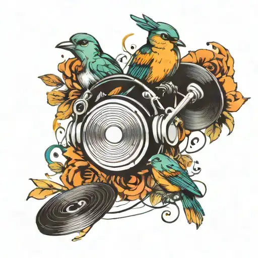 music notes with headphone and birds chest piece  tattoo design idea