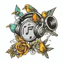 music notes with headphone and birds chest piece  tattoo design idea