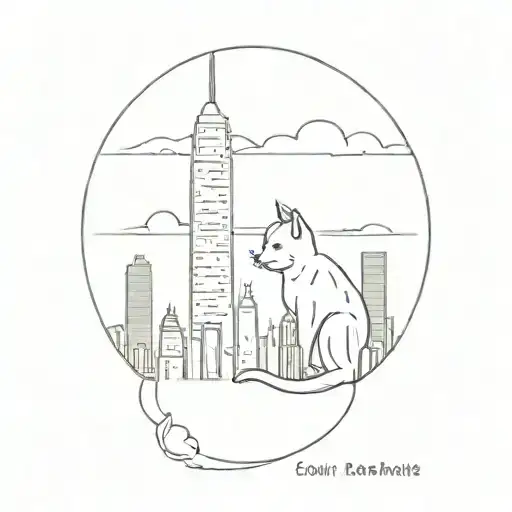 A minimalist tattoo of the Los Angeles skyline with a cat sitting on top of a skyscraper tattoo design idea
