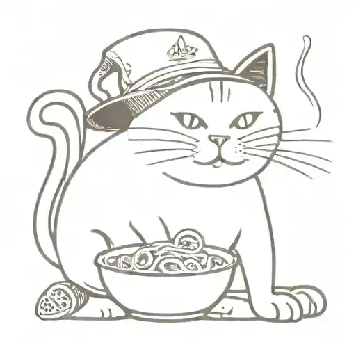 A sketch tattoo of a cat wearing a Dodgers hat and holding a bowl of spaghetti tattoo design idea