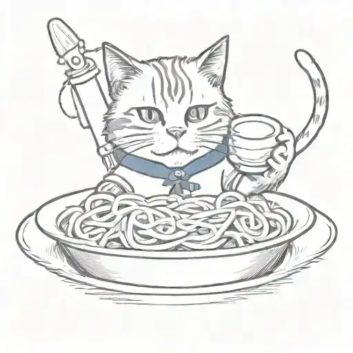 A sketch tattoo of a cat wearing a Dodgers jersey and holding a bowl of spaghetti tattoo design idea