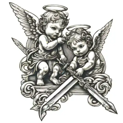 Baby angels holding sword tattoo design idea