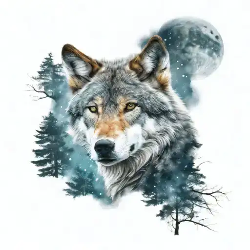 Wolf design, australian southern cross in sky. trees.   tattoo design idea