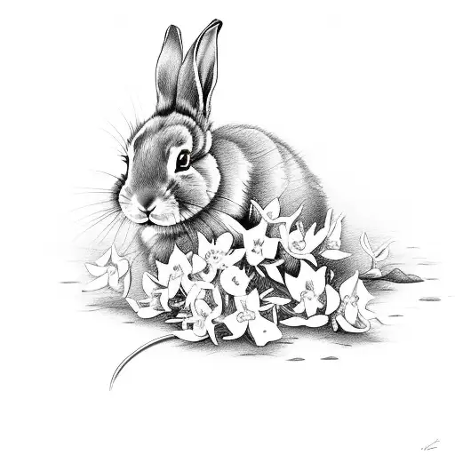 A bunny sniffing a jasmin flower in a dreamy landscape tattoo design idea