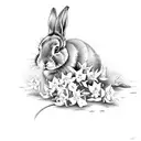 A bunny sniffing a jasmin flower in a dreamy landscape tattoo design idea