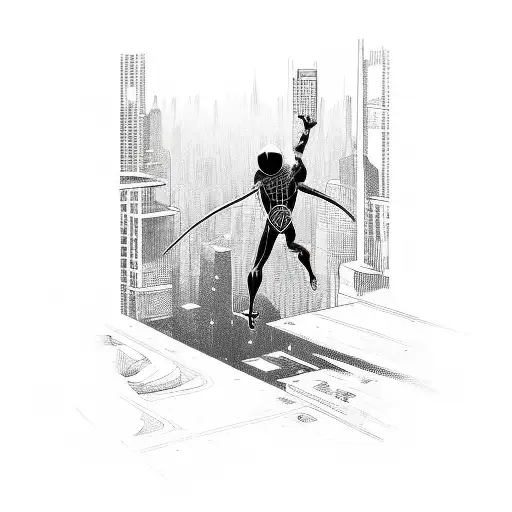 Miles Morales swinging through a futuristic cityscape tattoo design idea