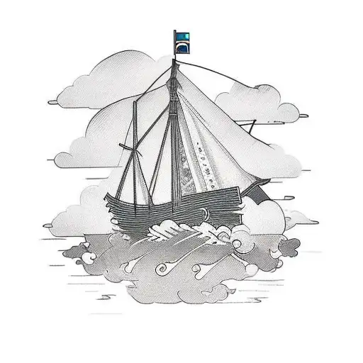 old boat with Marseille in the background and Marseille cross on the sail tattoo design idea