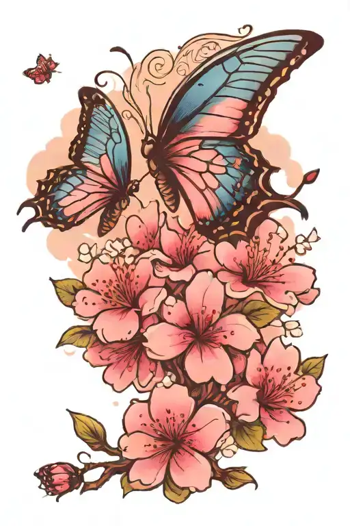 pink cherry blossom and blue butterflies flying tattoo design idea