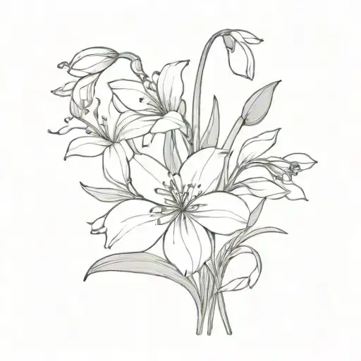 bouquet of flowers using a snowdrop, delphinium, gladiolus, poppy and chrysanthemum  tattoo design idea