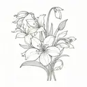 bouquet of flowers using a snowdrop, delphinium, gladiolus, poppy and chrysanthemum  tattoo design idea