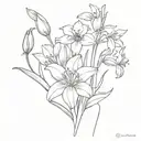 bouquet of flowers using a snowdrop, delphinium, gladiolus, poppy and chrysanthemum  tattoo design idea