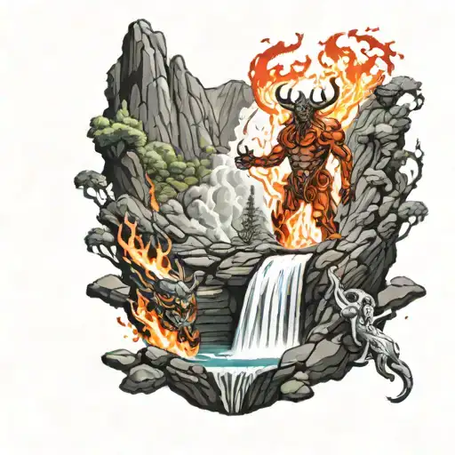  half demon and half human with fire and lava behind the demon, a waterfall,lake and a river for th human tattoo design idea