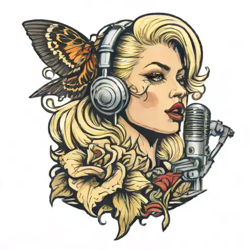 transtional ladyhead with blonde hair and a old school microphone   tattoo design idea