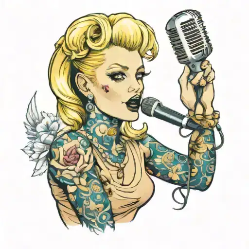 traditional ladyhead with blonde hair and a old school microphone  very rock and roll tattoo design idea