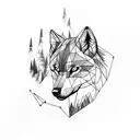 half geometric wolf and forest in backraund tattoo design idea