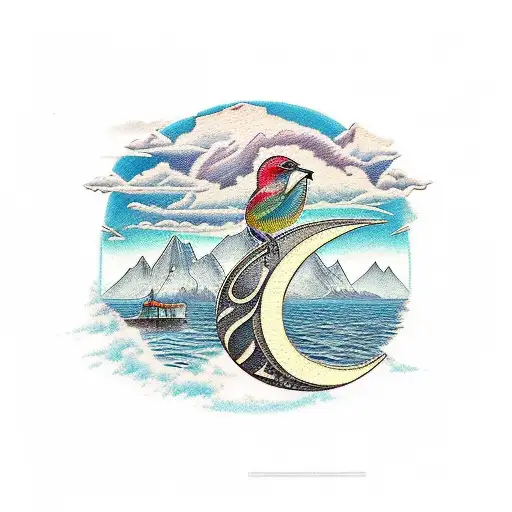 landscape style view of harbour and mountains in the background featuring and musical bass clef cymbol, a native bird tattoo design idea