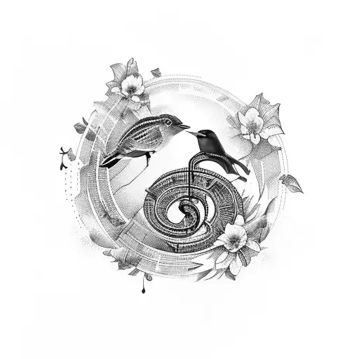 harbour and mountains backdrop with bass clef cymbol, native bird, flowers, sheet music tattoo design idea