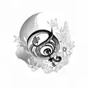 harbour and mountains backdrop with bass clef cymbol, native bird, flowers, sheet music tattoo design idea